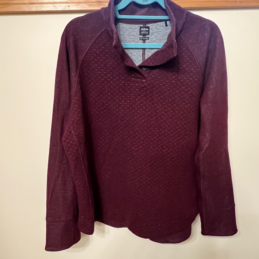 Prana Burgundy Button Neck Sweater with Textured Design